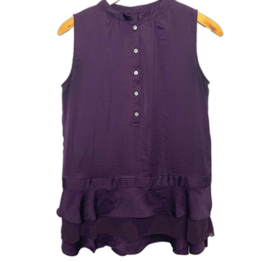 Banana Republic Sleeveless Blouse Womens XS Tiered Ruffle Half Button Purple